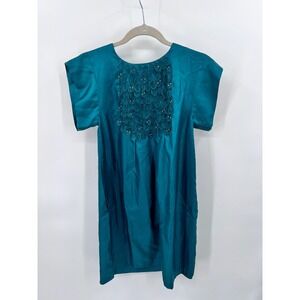 Paul & Joe Sister Teal 100% Silk Petal Rhinestone Bib Shift Dress Size 40